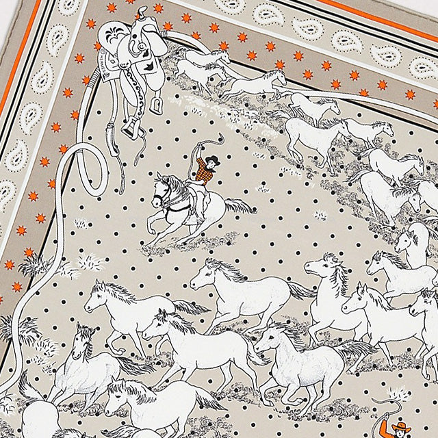 HERMES scarf Carre 55 Les Mustangs Bandana Gris Cendre/Orange/Blanc Silk100%[BRAND NEW][Authentic]