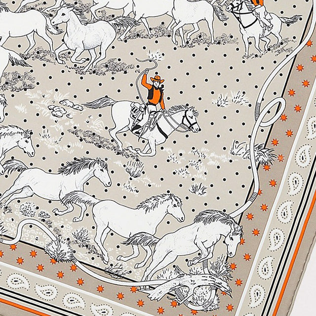 HERMES scarf Carre 55 Les Mustangs Bandana Gris Cendre/Orange/Blanc Silk100%[BRAND NEW][Authentic]