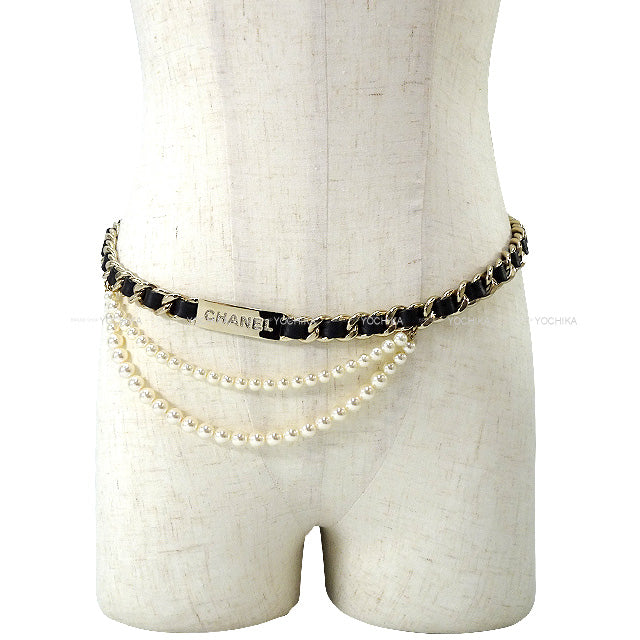 CHANEL belt Double Pearl Logo Rhinestone Plate Chain Lambskin Champagne Gold HW[EXCELLENT][Authentic]