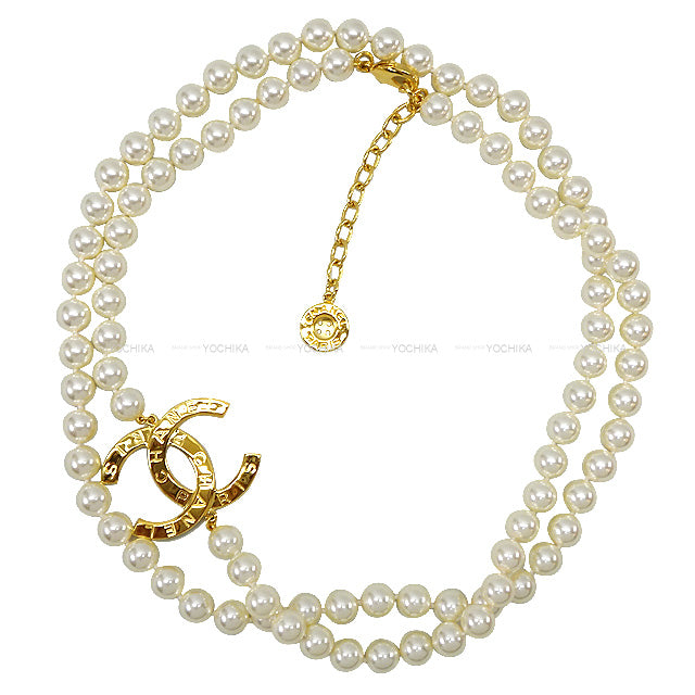 B20A CHANEL necklace With button charm Big COCO mark Logo pearl Long Gold HW[EXCELLENT][Authentic]