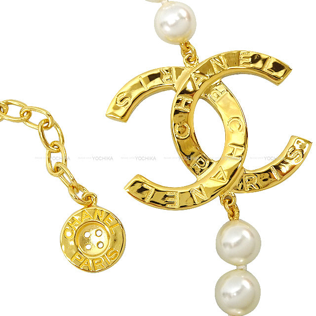 B20A CHANEL necklace With button charm Big COCO mark Logo pearl Long Gold HW[EXCELLENT][Authentic]