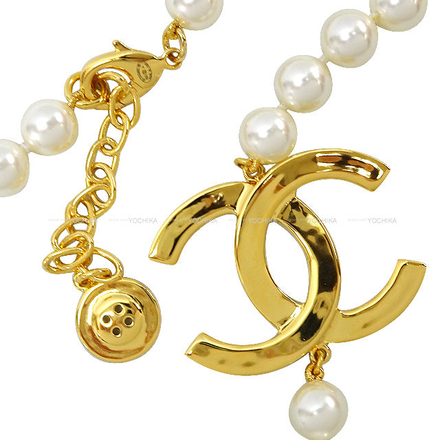 B20A CHANEL necklace With button charm Big COCO mark Logo pearl Long Gold HW[EXCELLENT][Authentic]