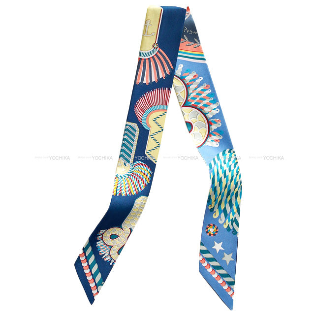 2023AW HERMES scarf Twilly Ceremony epaulet Marine/Jaune Pale/Myosotis Silk100%[BRAND NEW][Authentic]