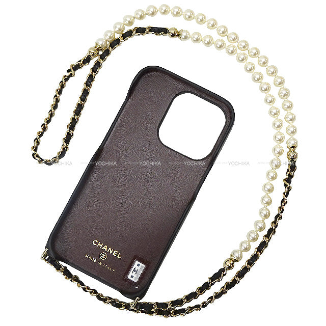 CHANEL iPhone case Matelassé Pearl Long Chain iPhone14 PRO Phone Case Noir (Black)/Bordeaux Lambskin Champagne Gold HW AP3556[BRAND NEW][Authentic]