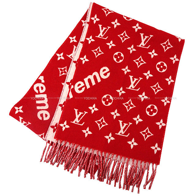 LOUIS VUITTON muffler Supreme Monogram Red/Blanc (White) Wool90%/Cashmere10% MP1890[EXCELLENT][Authentic]