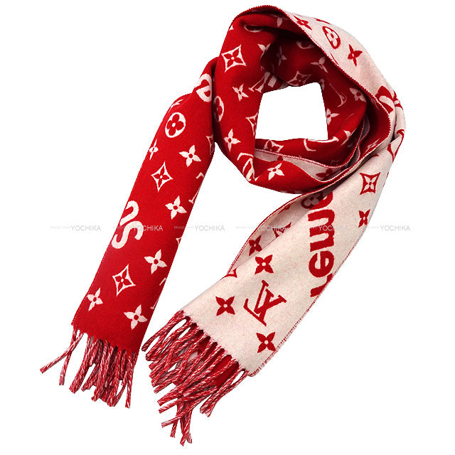 LOUIS VUITTON muffler Supreme Monogram Red/Blanc (White) Wool90%/Cashmere10% MP1890[EXCELLENT][Authentic]