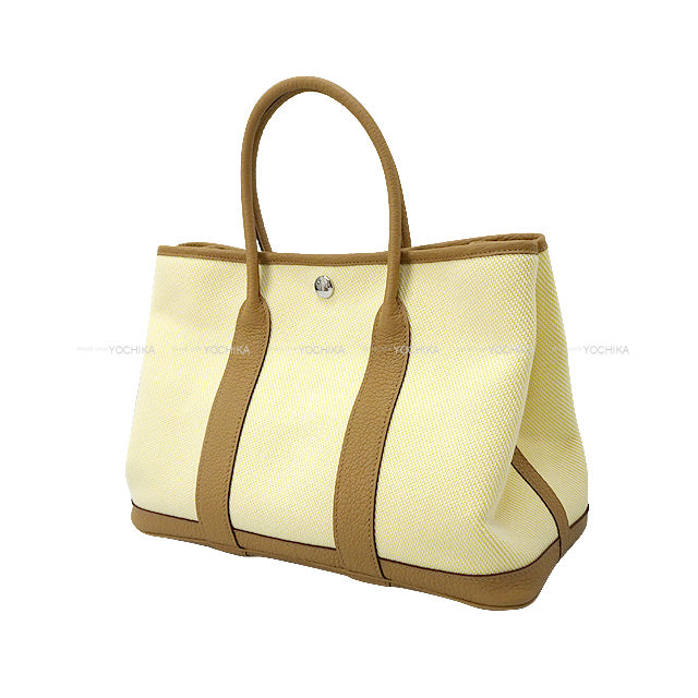 HERMES tote bag Garden Party 30 TPM Jaune Citron/Biscuit Toile H/Veau Negonda Silver HW Stamp U[EXCELLENT][Authentic]