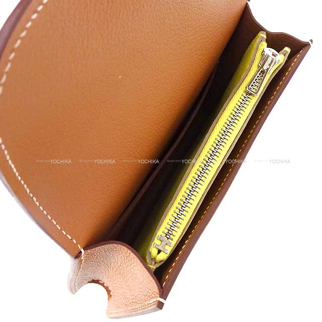 HERMES Bi-fold wallet Constance Slim Bi-color Gold/Lime Evercolor Silver HW Stamp U[EXCELLENT][Authentic]