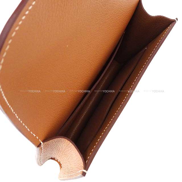 HERMES Bi-fold wallet Constance Slim Bi-color Gold/Lime Evercolor Silver HW Stamp U[EXCELLENT][Authentic]