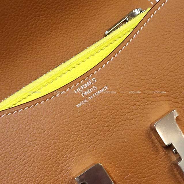 HERMES Bi-fold wallet Constance Slim Bi-color Gold/Lime Evercolor Silver HW Stamp U[EXCELLENT][Authentic]