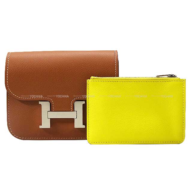 HERMES Bi-fold wallet Constance Slim Bi-color Gold/Lime Evercolor Silver HW Stamp U[EXCELLENT][Authentic]