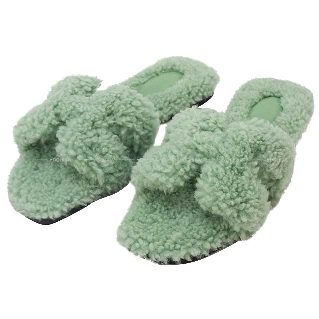 HERMES sandals Oran Teddy Bear Mouton Vert d'eau Sheepskin #37[BRAND NEW][Authentic]