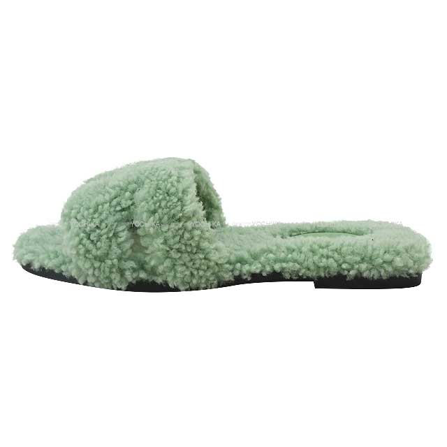 HERMES sandals Oran Teddy Bear Mouton Vert d'eau Sheepskin #37[BRAND NEW][Authentic]