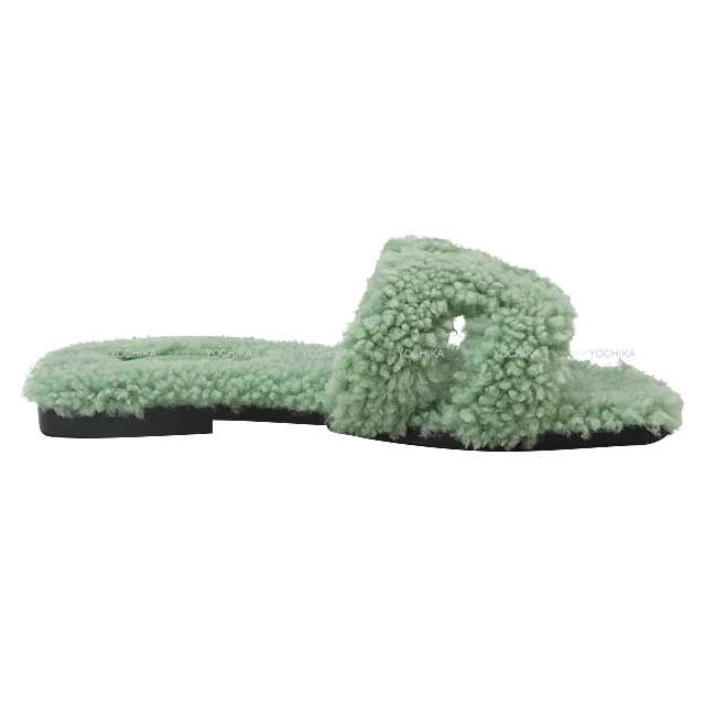 HERMES sandals Oran Teddy Bear Mouton Vert d'eau Sheepskin #37[BRAND NEW][Authentic]