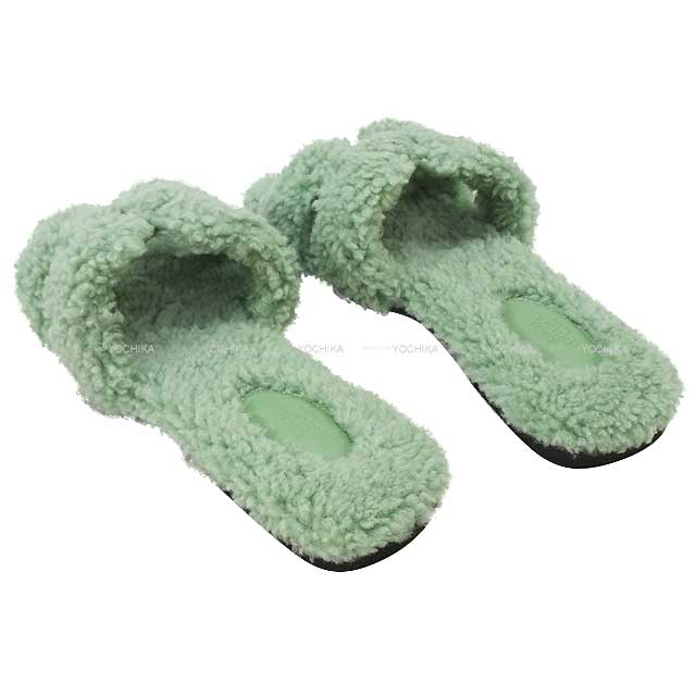 HERMES sandals Oran Teddy Bear Mouton Vert d'eau Sheepskin #37[BRAND NEW][Authentic]