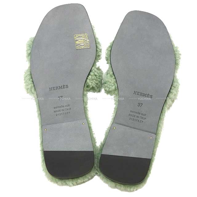 HERMES sandals Oran Teddy Bear Mouton Vert d'eau Sheepskin #37[BRAND NEW][Authentic]