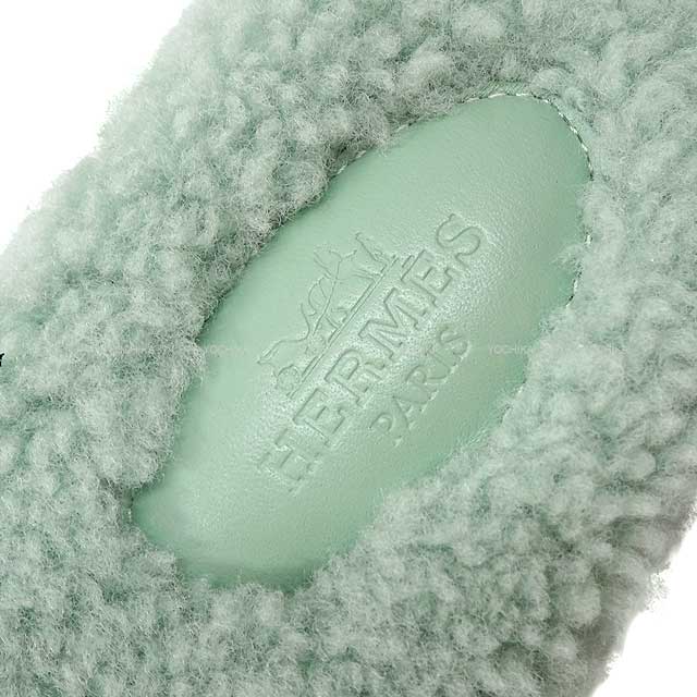 HERMES sandals Oran Teddy Bear Mouton Vert d'eau Sheepskin #37[BRAND NEW][Authentic]