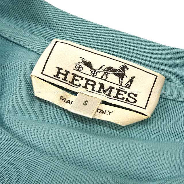 HERMES Short sleeve t shirt Mens Puzzle Equestre Mini leather patch Turquoise Cotton100%[EXCELLENT][Authentic]