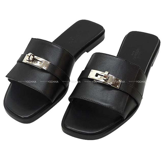 HERMES sandals Giulia #36 Noir (Black) Calf Silver HW[EXCELLENT][Authentic]