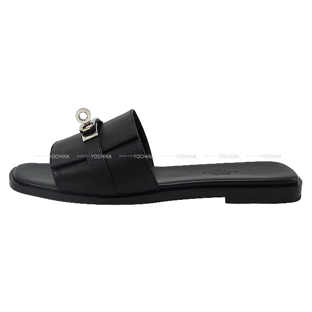 HERMES sandals Giulia #36 Noir (Black) Calf Silver HW[EXCELLENT][Authentic]