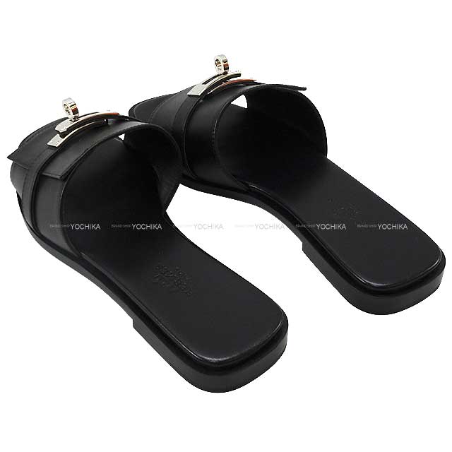 HERMES sandals Giulia #36 Noir (Black) Calf Silver HW[EXCELLENT