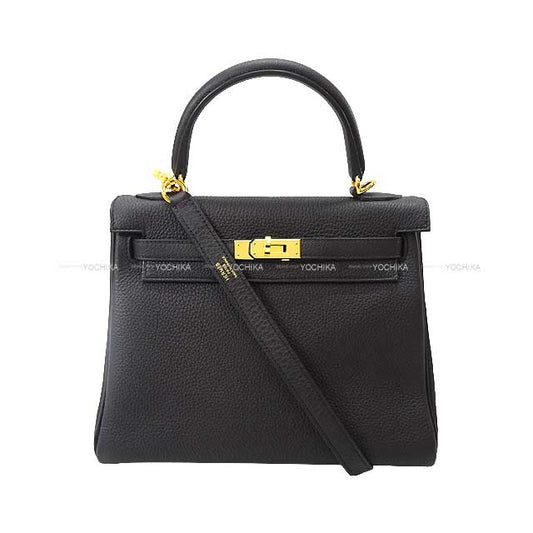 HERMES Shoulder bag Kelly25 Sellier Noir (Black) Veau Togo Gold HW Stamp U[ALMOST NEW][Authentic]