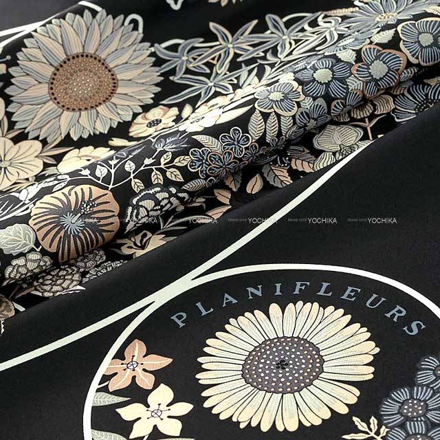 2023 AW NEW HERMES scarf Carre 90 Planifleurs Black/Gris/Parchemin Silk100%[BRAND NEW][Authentic]