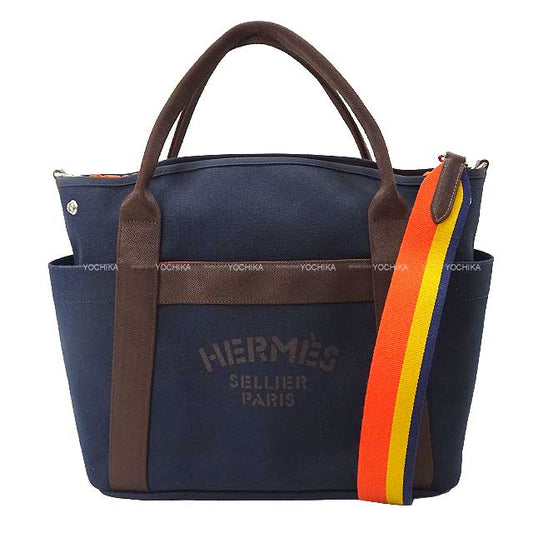 HERMES Shoulder bag Sac de Pansage Groom Rocabar Strap Navy/Feu Orange Toile chevron/Bridle Leather Silver HW Stamp C[EXCELLENT][Authentic]