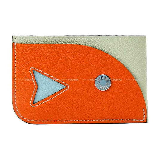 HERMES card holder POISSON Orange Minium/Vert Fizz Chevre Myzore Silver HW Stamp B[BRAND NEW][Authentic]