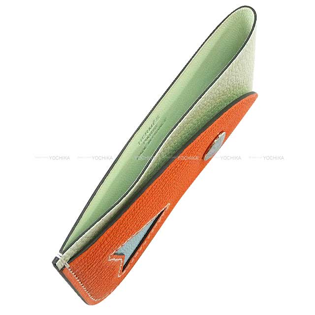 HERMES card holder POISSON Orange Minium/Vert Fizz Chevre Myzore Silver HW Stamp B[BRAND NEW][Authentic]