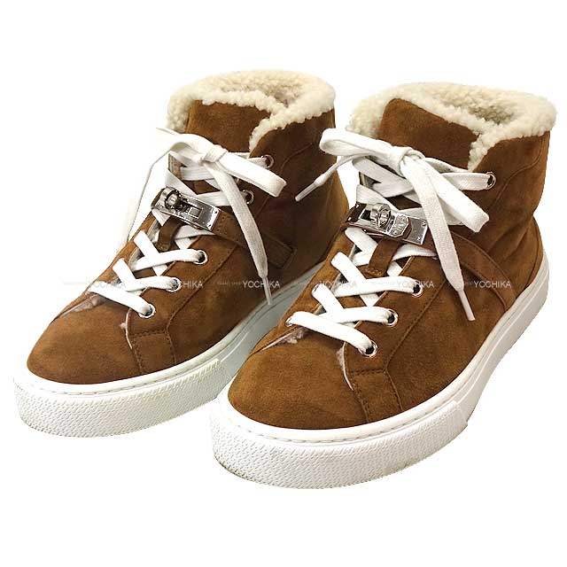 [Pre-loved] HERMES sneakers Highcut Day Dream Mouton #36.5 Brown fume/Ecru ChevreVeroa/SheepSkin Silver HW[LIKE NEW][Authentic]