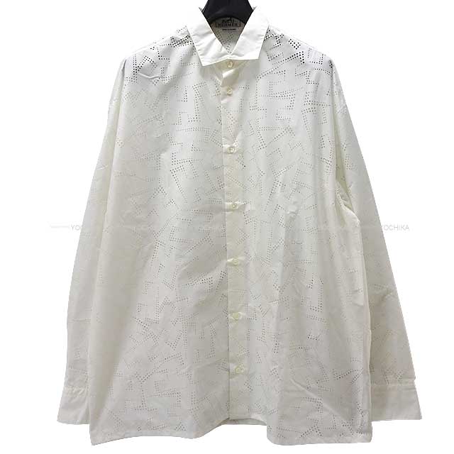 HERMES Long sleeve shirt Men's Long Sleeve H Perforated ＃38 Blanc (White) Cotton67%/Nylon33％ 38[EXCELLENT][Authentic]