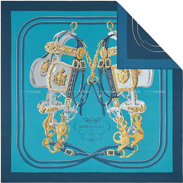 HERMES scarf Carre 90 Double Face Brides de Gala Bleu Canard /Mordore/Marine Silk100%[EXCELLENT][Authentic]