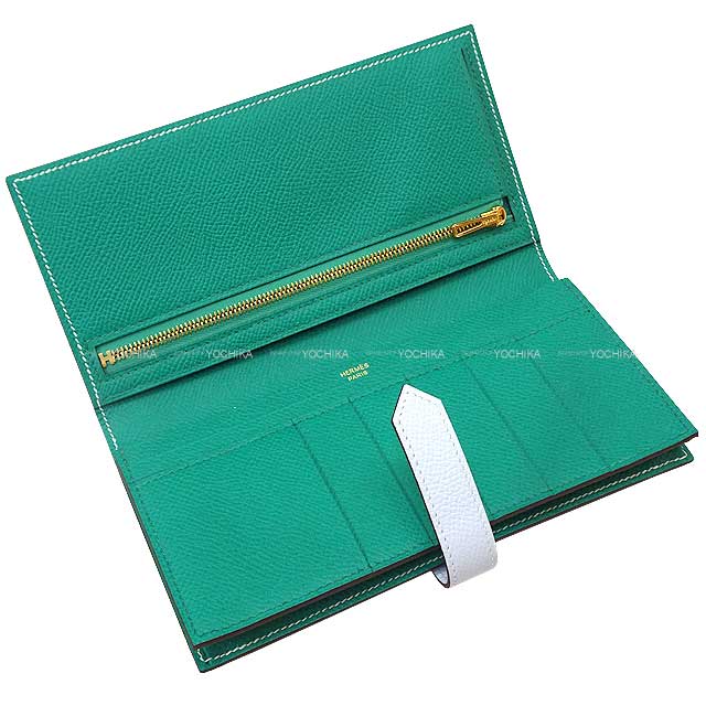 HERMES long wallet Bearn Soufflet Verso Blue brume /Vert Jade Veau Epsom Gold HW Stamp Z[EXCELLENT][Authentic]