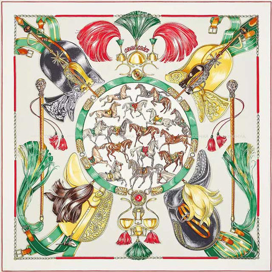 2022AW HERMES scarf Carre 90 Cavalcades Blanc(White)/Gris Perle/Vert Silk100%[BRAND NEW][Authentic]