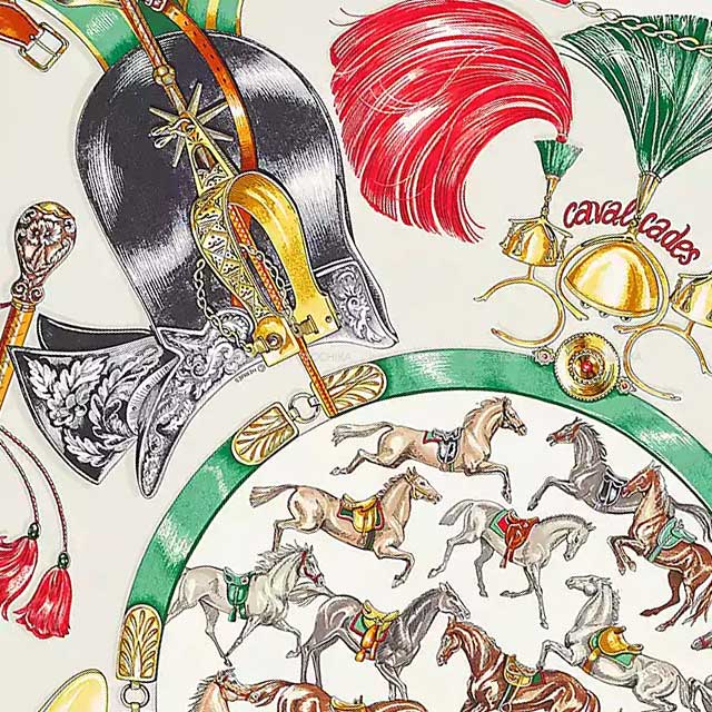 2022AW HERMES scarf Carre 90 Cavalcades Blanc(White)/Gris Perle/Vert Silk100%[BRAND NEW][Authentic]