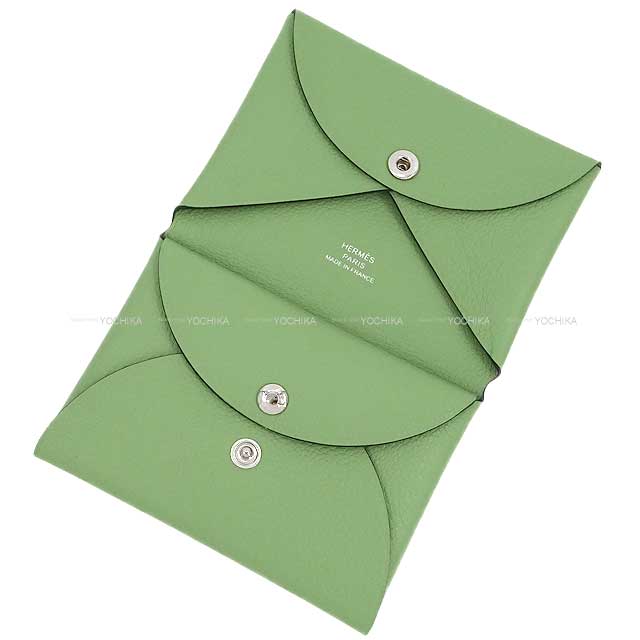 HERMES card holder Calvi Duo Vert criquet Evercolor Silver HW Stamp B[BRAND NEW][Authentic]