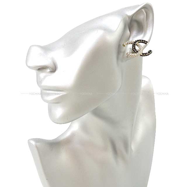 CHANEL pierced earring COCO Mark Bi-color Rhinestone Noir (Black)/Silver Gold HW ABB909[BRAND NEW][Authentic]