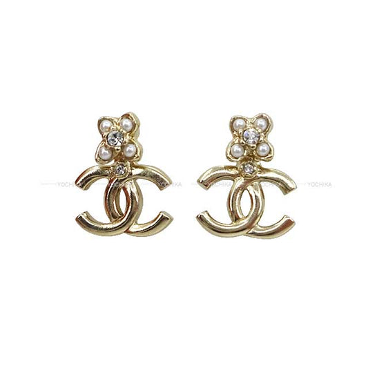 CHANEL pierced earring COCO Mark Rhinestone Flower Motif Champagne Gold HW D23 ABC106B14702[BRAND NEW][Authentic]