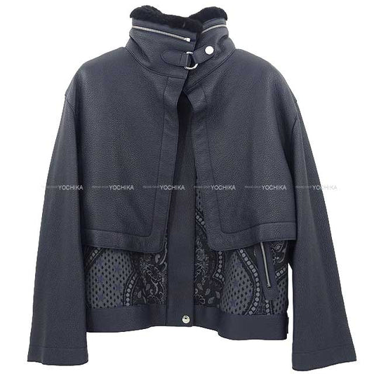 HERMES Blouson Boa Leather Jacket ＆ Zip Vest 3way #40 Navy Lamb skin/Wool[BRAND NEW][Authentic]