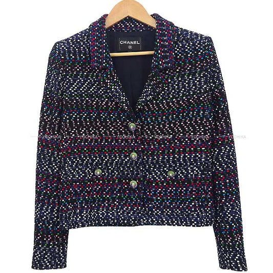 2017 Pre CHANEL Tailored jacket Tweed With Lion Motif Buttons #38 Black/White/Blue/Pink/Red/Green Cotton100% P56043V42196[EXCELLENT][Authentic]