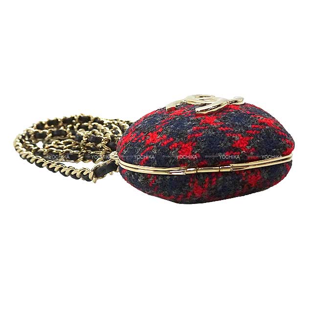 CHANEL necklace Tweed Heart COCOmark locket pendant Red/Blue/White Tweed Champagne Gold HW AP9485[BRAND NEW][Authentic]