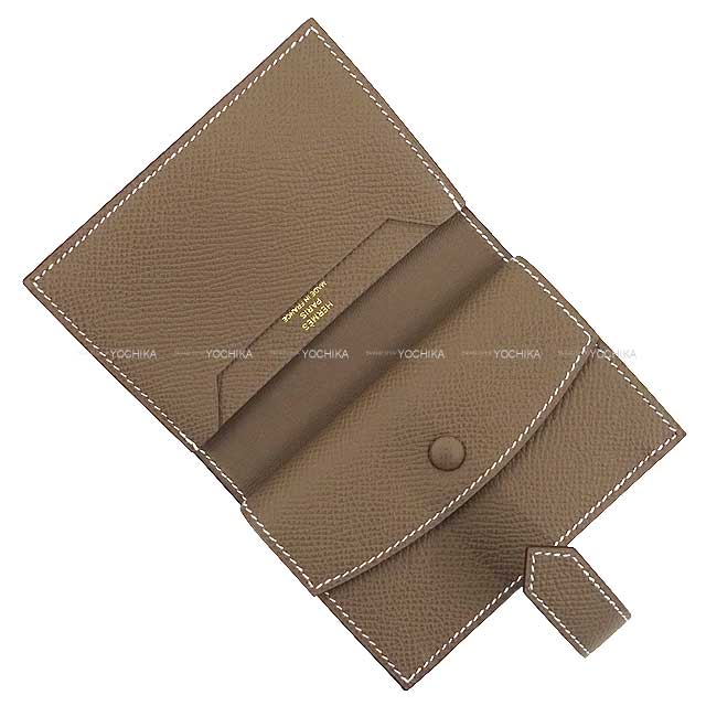 HERMES Bi-fold wallet Bearn Mini Card holder With Coin purse Etoupe Veau Epsom Gold HW Stamp B[BRAND NEW][Authentic]