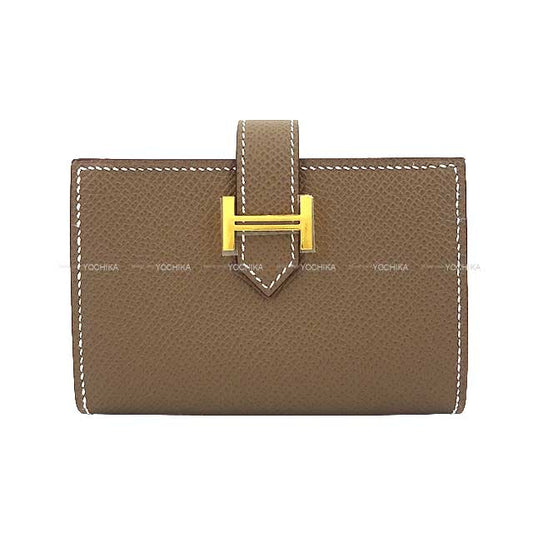 HERMES Bi-fold wallet Bearn Mini Card holder With Coin purse Etoupe Veau Epsom Gold HW Stamp B[BRAND NEW][Authentic]