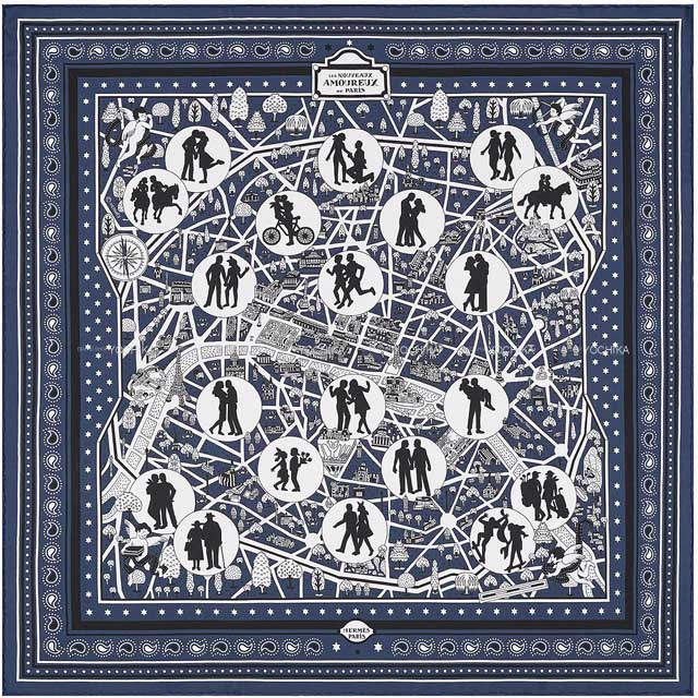 2022SS HERMES scarf Carre 55 Bandana Les Amoureux de Paris Marine/Black/White Silk100%[EXCELLENT][Authentic]