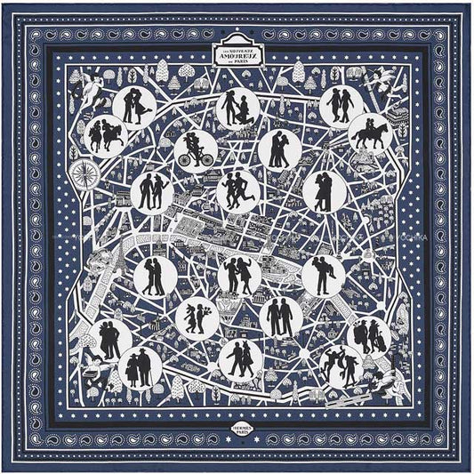 2022SS HERMES scarf Carre 55 Bandana Les Amoureux de Paris Marine/Black/White Silk100%[EXCELLENT][Authentic]