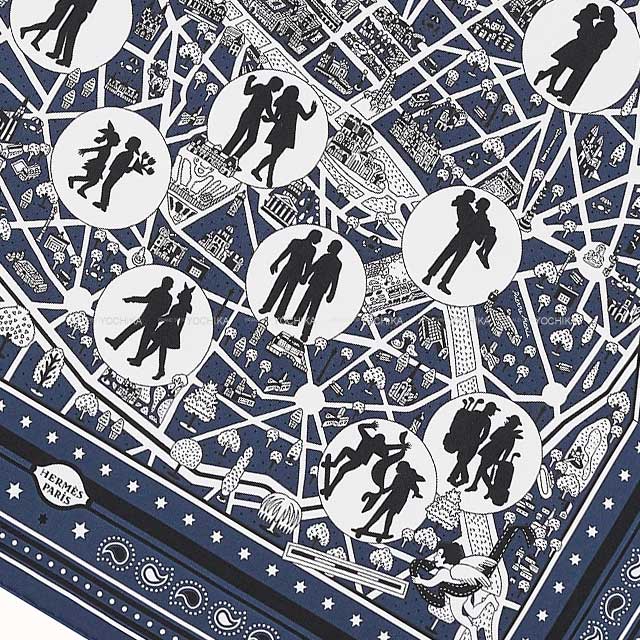 2022SS HERMES scarf Carre 55 Bandana Les Amoureux de Paris Marine/Black/White Silk100%[EXCELLENT][Authentic]