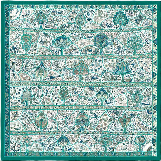 HERMES scarf Carre 140 Flowers bloom birds of the country Vert /Blanc(White) /Turquoise Cashmere/Silk[EXCELLENT][Authentic]