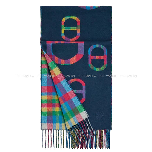 2023 AW NEW HERMES muffler Tartan Maillons Blue/Multicolor Cashmere100%[BRAND NEW][Authentic]