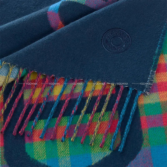 2023 AW NEW HERMES muffler Tartan Maillons Blue/Multicolor Cashmere100%[BRAND NEW][Authentic]